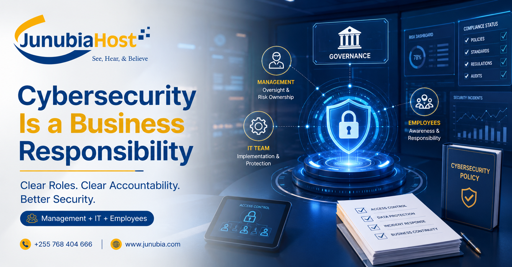JunubiaHost banner declaring 'Cybersecurity Is a Business Responsibility' with a shield emblem and IT/security icons on a blue tech background.