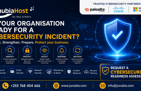 Cybersecurity Readiness 3 Cybersecurity readiness banner featuring JunubiaHost logo, partner logos, a blue shield graphic, and six capability icons (Govern, Identify, Protect, Detect, Respond, Recover) with a contact/assessment call-to-action and business details.