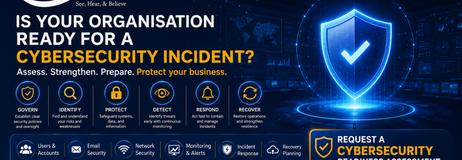 Cybersecurity readiness banner featuring JunubiaHost logo, partner logos, a blue shield graphic, and six capability icons (Govern, Identify, Protect, Detect, Respond, Recover) with a contact/assessment call-to-action and business details.