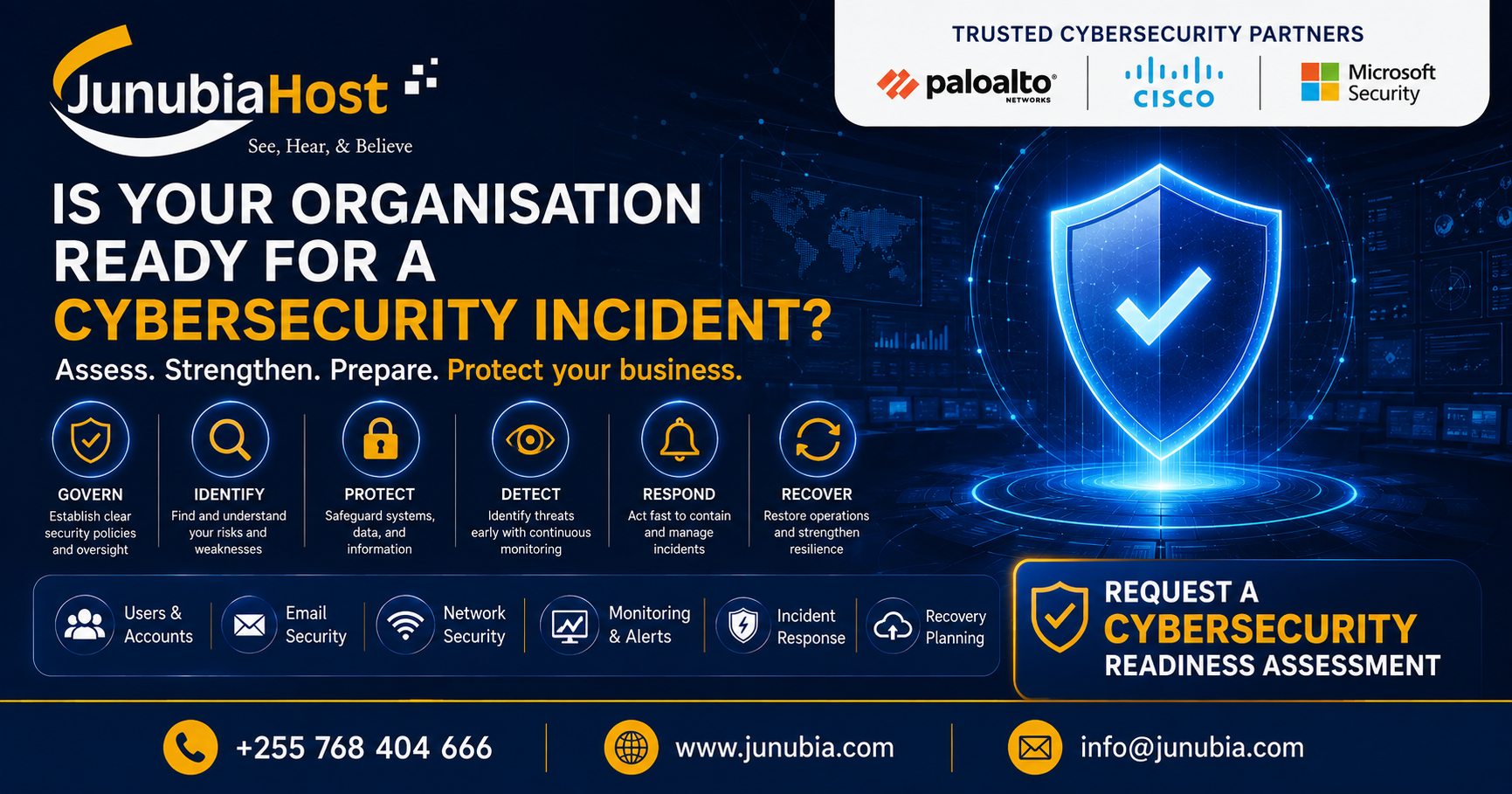 Cybersecurity readiness banner featuring JunubiaHost logo, partner logos, a blue shield graphic, and six capability icons (Govern, Identify, Protect, Detect, Respond, Recover) with a contact/assessment call-to-action and business details.