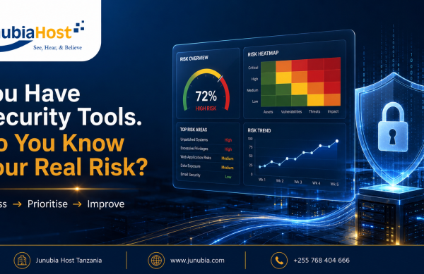 Banner featuring the JunubiaHost logo (upper left) with slogan, and the bold headline: 'You Have Security Tools. Do You Know Your Real Risk?' on a dark blue background, plus security dashboards and a glowing shield icon on the right; footer with contact info.