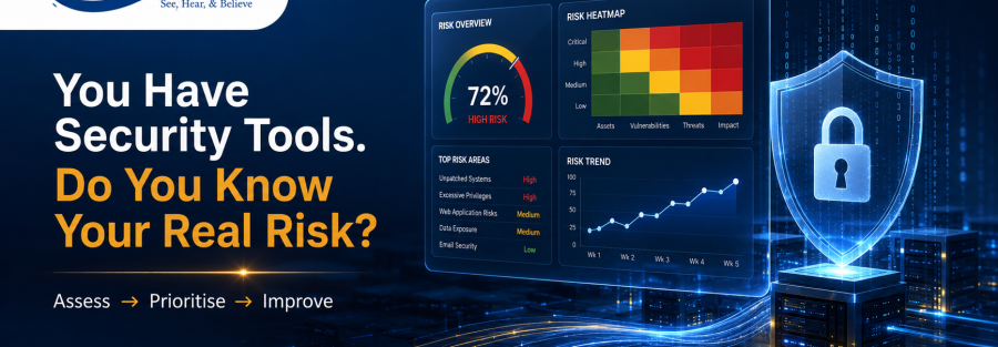 Banner featuring the JunubiaHost logo (upper left) with slogan, and the bold headline: 'You Have Security Tools. Do You Know Your Real Risk?' on a dark blue background, plus security dashboards and a glowing shield icon on the right; footer with contact info.
