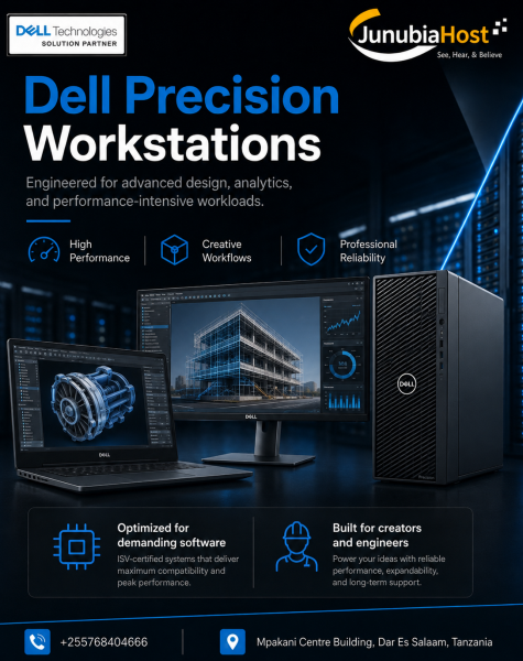 Poster advertising Dell Precision Workstations with Dell and JunubiaHost logos, large blue headline, and a Dell desktop, laptop, and monitor displaying blue 3D design.