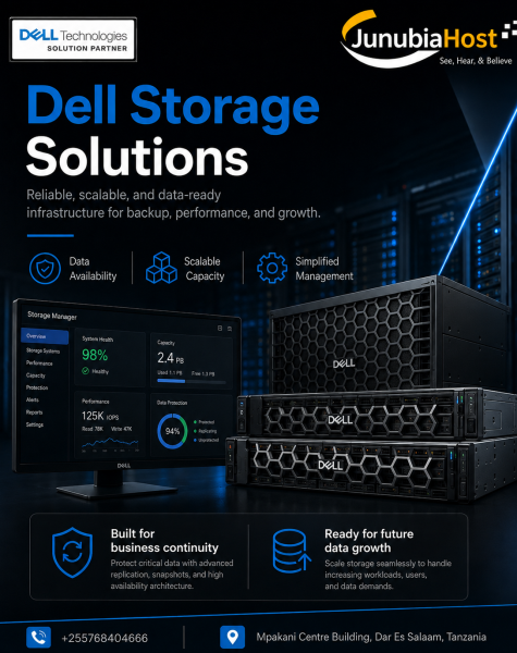 Dell Storage Solutions promo showing server hardware, a monitor with storage dashboard, and partner logos (Dell and JunubiaHost).