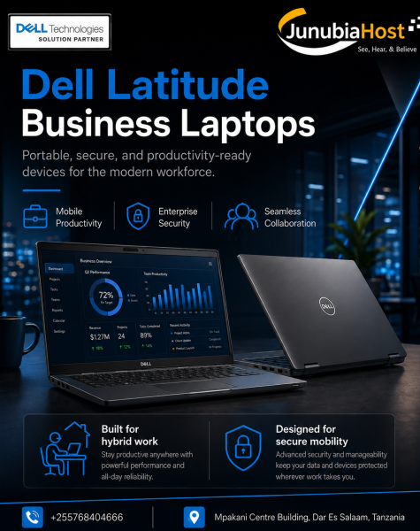 Promotional poster for Dell Latitude Business Laptops with Dell and JunubiaHost logos, featuring three icons and two laptops on a dark background.