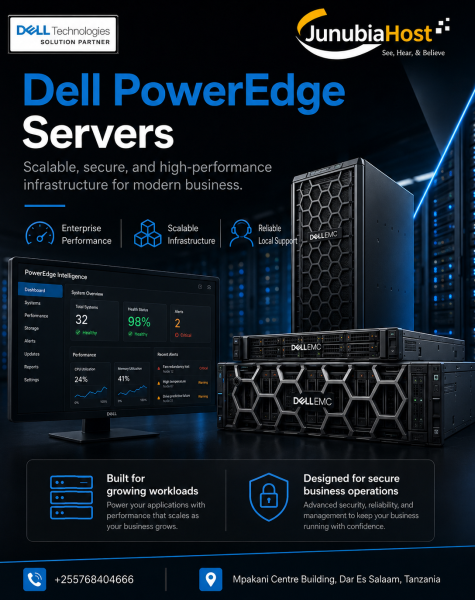 Dell PowerEdge Servers advertisement showing a tall server rack, monitoring screen, and Dell EMC branding; emphasizes enterprise performance and scalable infrastructure.