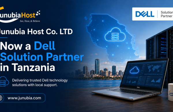 Banner announcing Junubia Host now a Dell Solution Partner in Tanzania, featuring a blue tech theme with a laptop, servers, and Africa map icon.