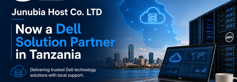 Banner announcing Junubia Host now a Dell Solution Partner in Tanzania, featuring a blue tech theme with a laptop, servers, and Africa map icon.
