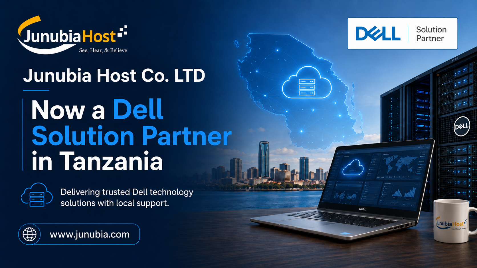 Banner announcing Junubia Host now a Dell Solution Partner in Tanzania, featuring a blue tech theme with a laptop, servers, and Africa map icon.