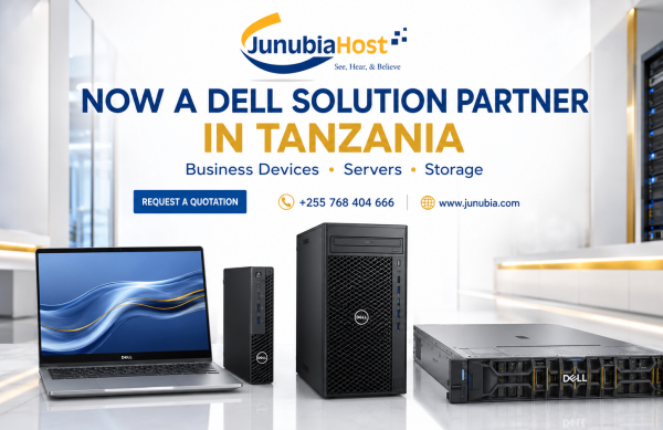 Dell-Solution-Partner-Tanzania Showroom scene with a Dell laptop, compact PC, and tower server in front of a banner that reads 'Now a Dell Solution Partner in Tanzania'.