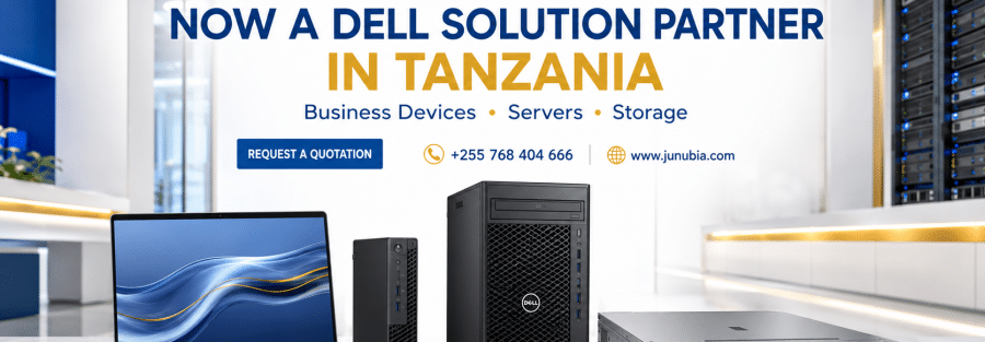 Showroom scene with a Dell laptop, compact PC, and tower server in front of a banner that reads 'Now a Dell Solution Partner in Tanzania'.