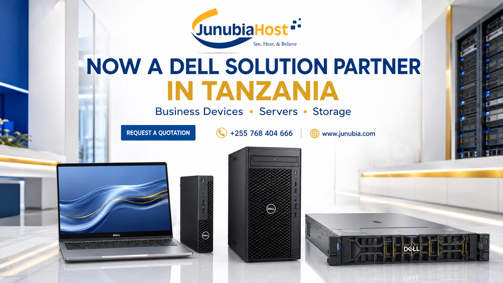 Showroom scene with a Dell laptop, compact PC, and tower server in front of a banner that reads 'Now a Dell Solution Partner in Tanzania'.