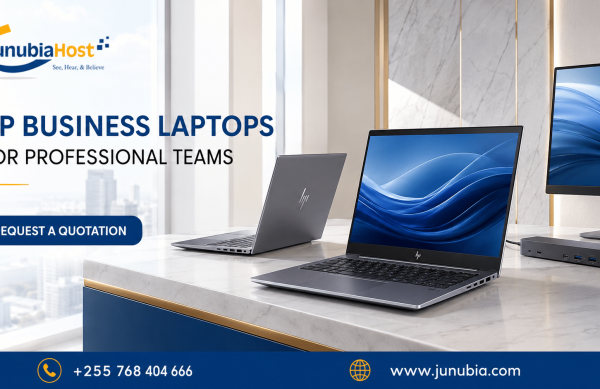 HP-Business-Laptops-Professional-Teams_Website HP business laptops on a marble desk with JunubiaHost logo; banner reads 'HP BUSINESS LAPTOPS FOR PROFESSIONAL TEAMS' and a 'REQUEST A QUOTATION' button.