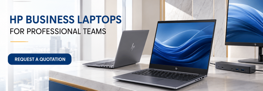 HP business laptops on a marble desk with JunubiaHost logo; banner reads 'HP BUSINESS LAPTOPS FOR PROFESSIONAL TEAMS' and a 'REQUEST A QUOTATION' button.