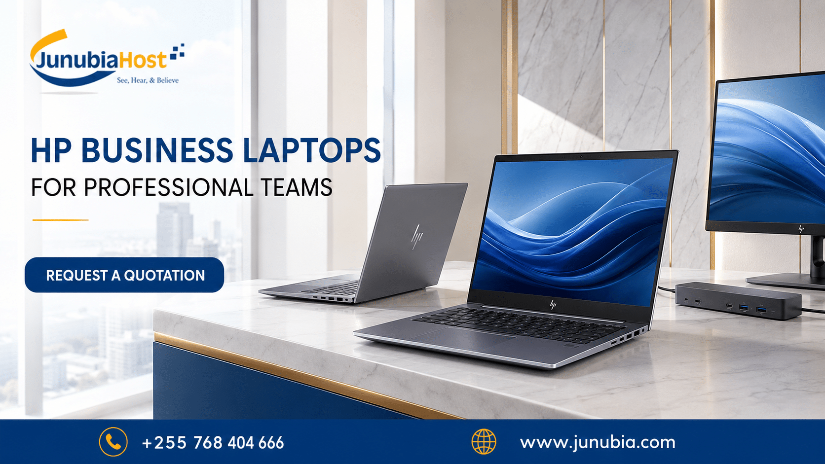 HP business laptops on a marble desk with JunubiaHost logo; banner reads 'HP BUSINESS LAPTOPS FOR PROFESSIONAL TEAMS' and a 'REQUEST A QUOTATION' button.