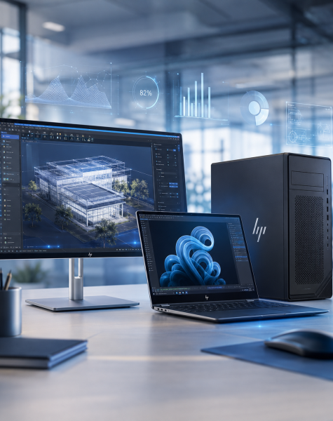 Workstation with a large monitor showing a 3D architectural building, a laptop with blue swirl graphics, and a black desktop PC nearby.