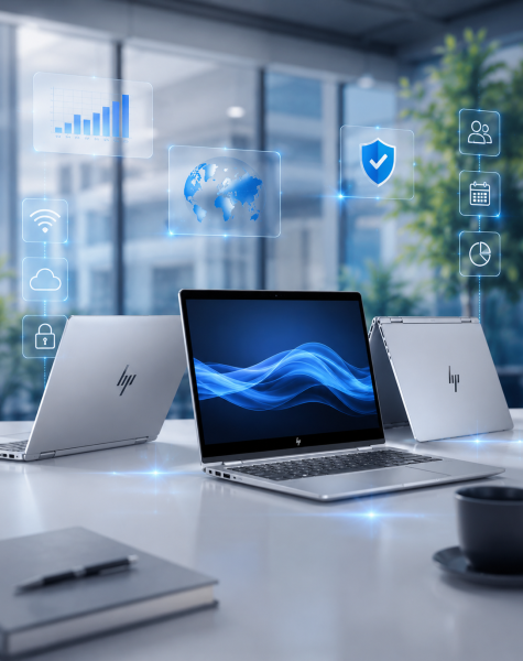 Three laptops on a white desk with glowing holographic icons: globe, cloud, Wi‑Fi, shield, users, calendar, and charts, illustrating cloud security and analytics.