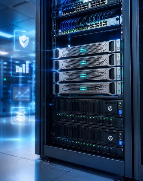 Data center server rack with blue-lit equipment; overlay icons show security shield, charts, and a database for context and analytics.