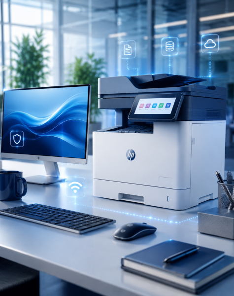 HP multifunction printer on a desk beside a monitor, with glowing icons for Wi‑Fi, cloud, and documents.