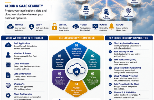 Infographic: “Your business is in the cloud. Is your security?” with cloud security framework and protection icons across the page.