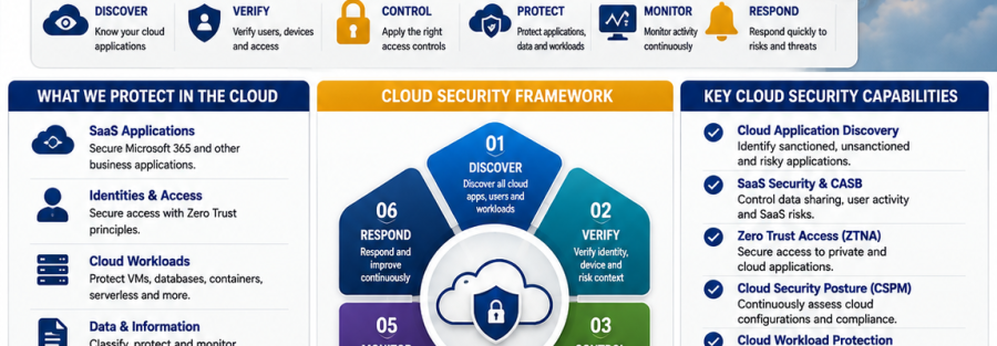 Infographic: “Your business is in the cloud. Is your security?” with cloud security framework and protection icons across the page.