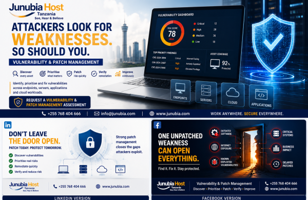 JunubiaHost Tanzania banner advertising vulnerability and patch management, featuring a laptop with a security dashboard and a glowing shield icon against a cityscape.