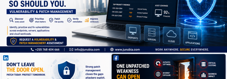 JunubiaHost Tanzania banner advertising vulnerability and patch management, featuring a laptop with a security dashboard and a glowing shield icon against a cityscape.