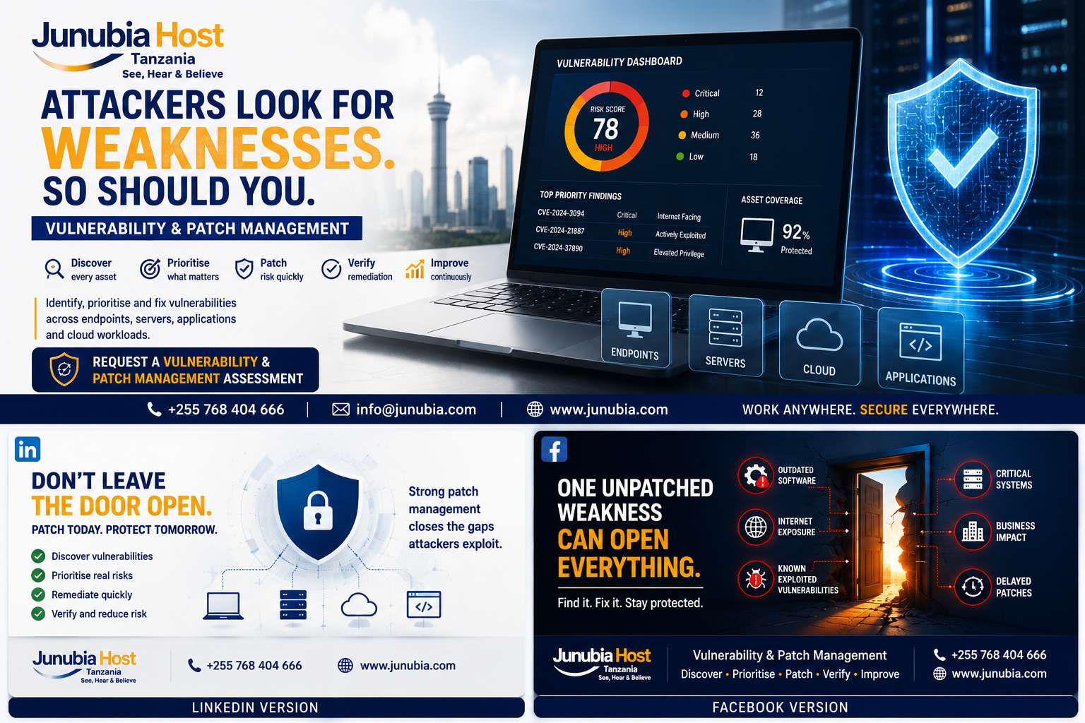 JunubiaHost Tanzania banner advertising vulnerability and patch management, featuring a laptop with a security dashboard and a glowing shield icon against a cityscape.