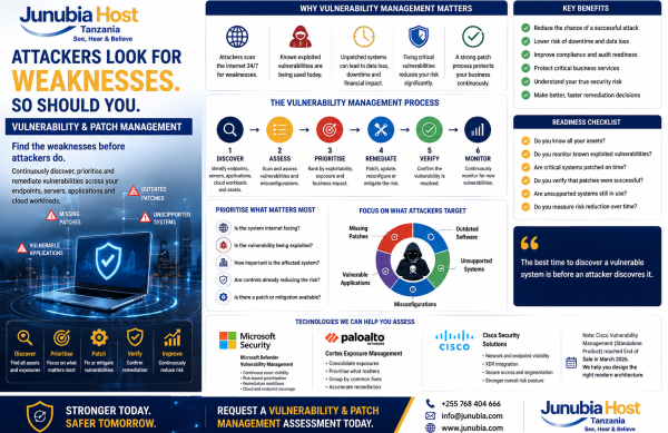 Infographic about vulnerability management with sections on why it matters, process steps, and readiness checklist.