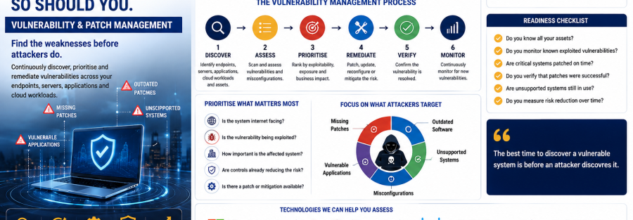 Infographic about vulnerability management with sections on why it matters, process steps, and readiness checklist.