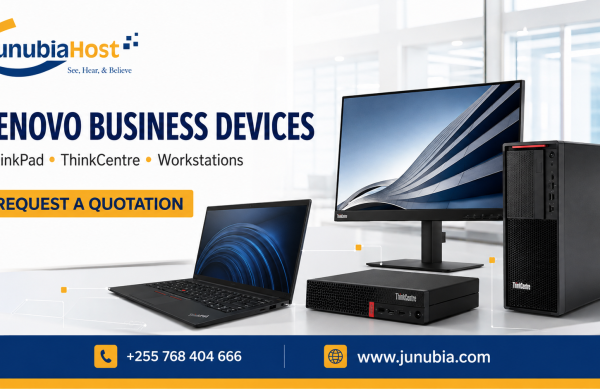 Promotional banner for JunubiaHost advertising Lenovo business devices (ThinkPad, ThinkCentre, Workstations) with a bold 'REQUEST A QUOTATION' button and contact info at the bottom.