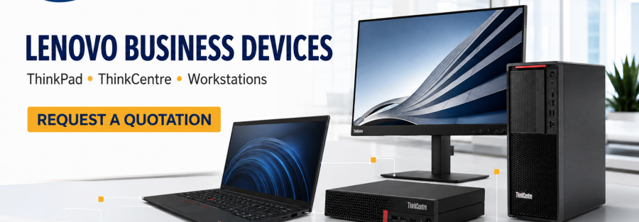 Promotional banner for JunubiaHost advertising Lenovo business devices (ThinkPad, ThinkCentre, Workstations) with a bold 'REQUEST A QUOTATION' button and contact info at the bottom.
