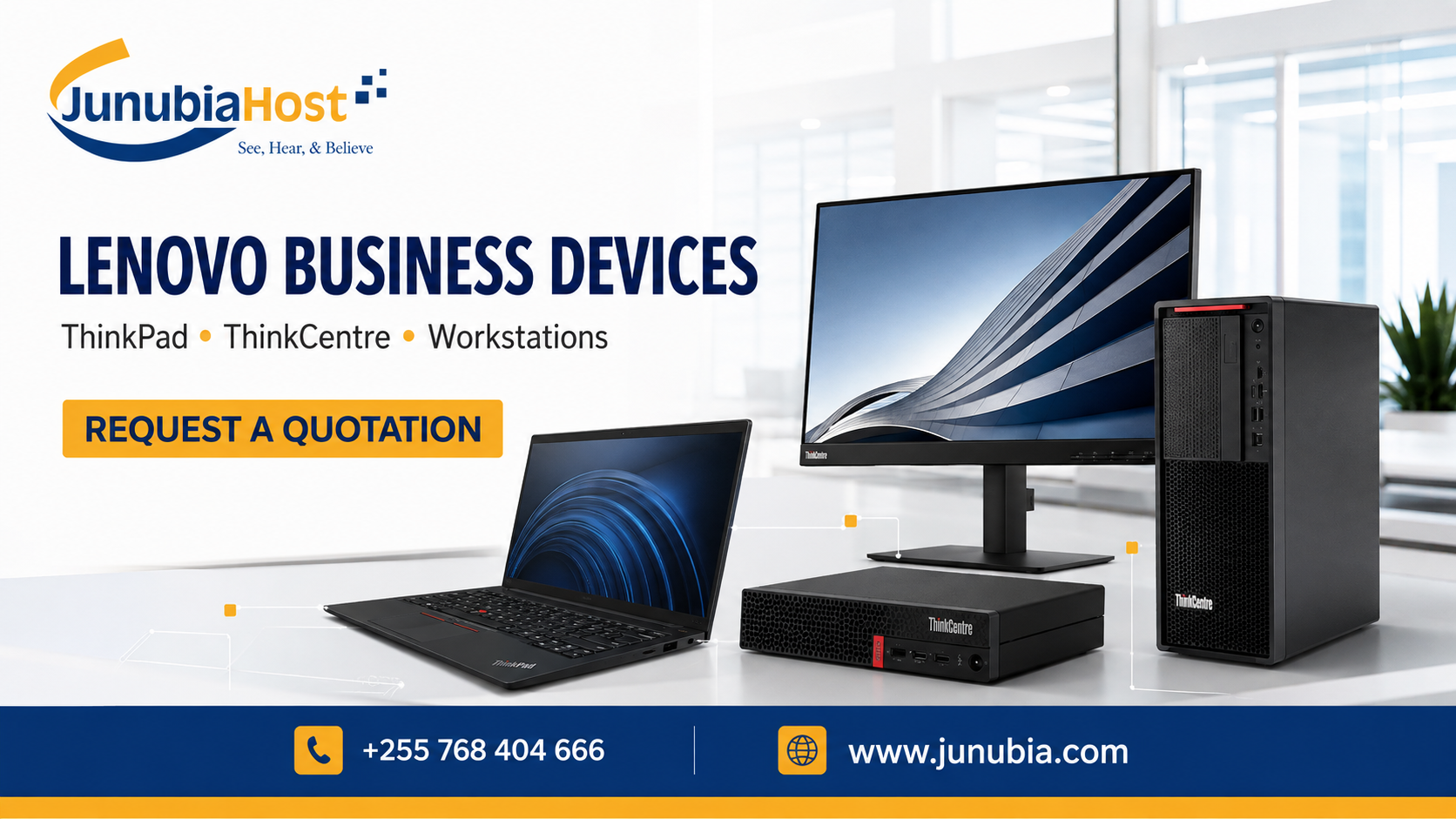 Promotional banner for JunubiaHost advertising Lenovo business devices (ThinkPad, ThinkCentre, Workstations) with a bold 'REQUEST A QUOTATION' button and contact info at the bottom.
