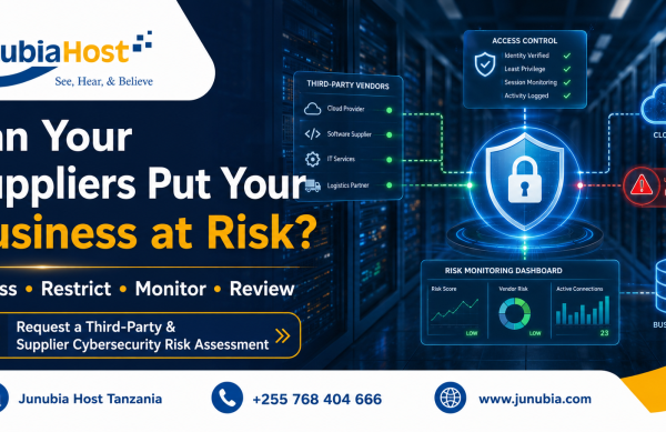 Junubia Host banner promoting supplier cybersecurity risk assessment with a shield icon and cloud network imagery.