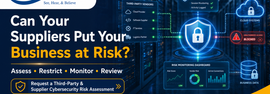 Junubia Host banner promoting supplier cybersecurity risk assessment with a shield icon and cloud network imagery.