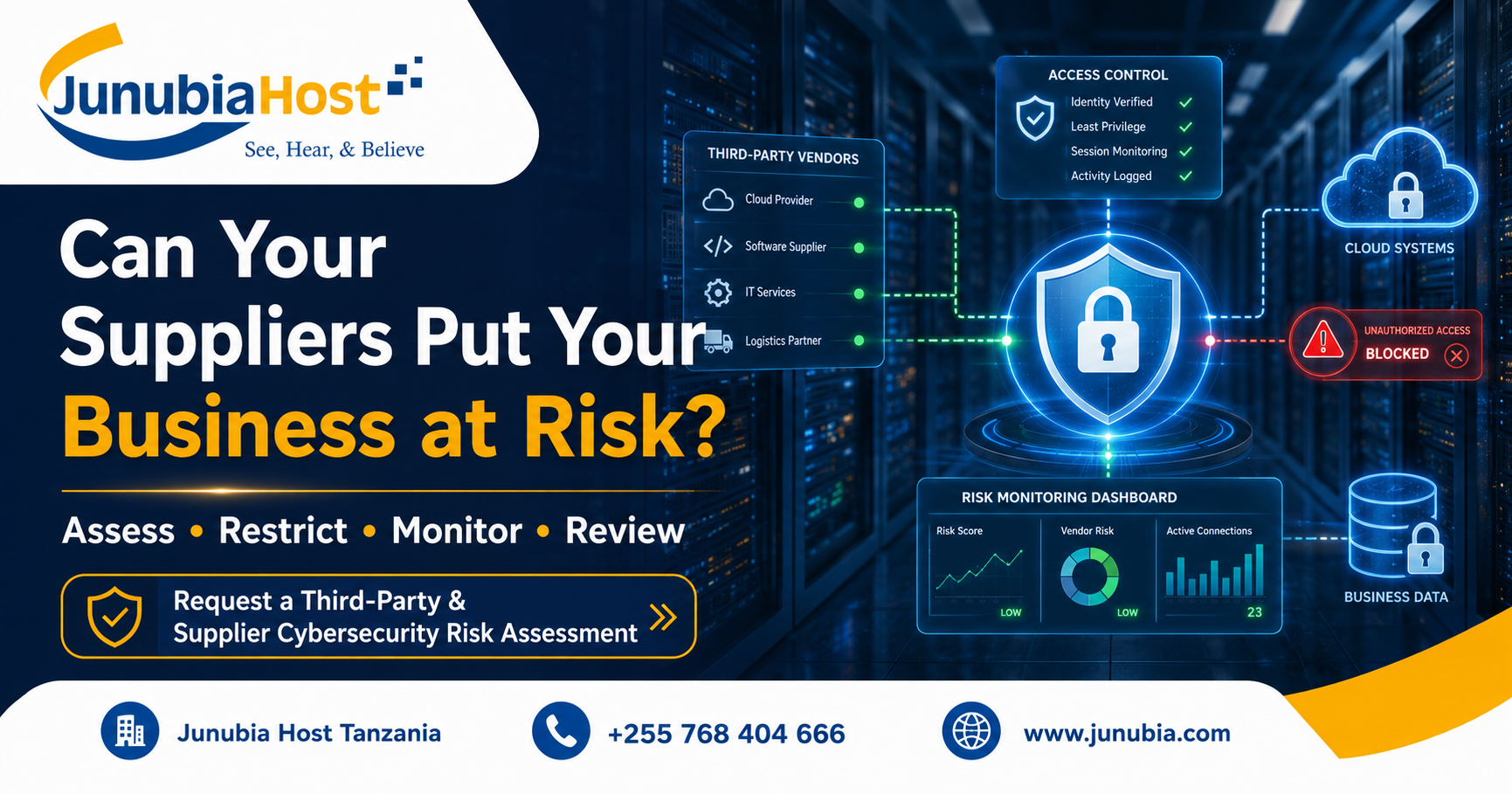 Junubia Host banner promoting supplier cybersecurity risk assessment with a shield icon and cloud network imagery.