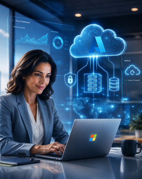 Woman in a business suit typing on a laptop while blue holographic clouds, data servers, and charts appear in the air above, signaling cloud computing and data security.