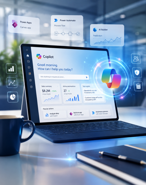 Laptop on a desk displaying Copilot UI with futuristic holographic modules and charts in a bright office setting