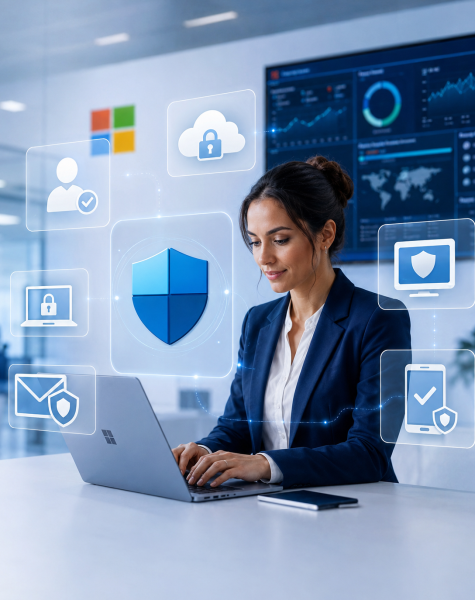 Businesswoman using a laptop with floating cybersecurity icons—cloud lock, shield, user verification, and device protection symbols.