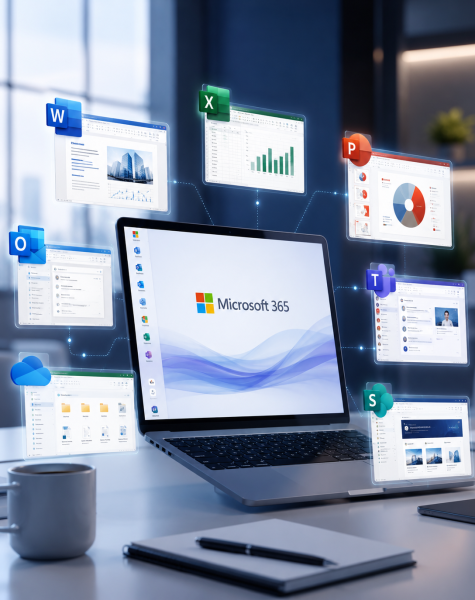 Laptop showing the Microsoft 365 logo with floating Word, Excel, PowerPoint, Outlook, OneDrive, Teams, and SharePoint icons around it.