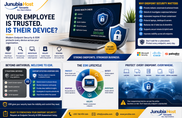 Protect the identity 1 Infographic banner for JunubiaHost Tanzania promoting endpoint security and EDR, showing a laptop with a shield and sections on lifecycle and protection.
