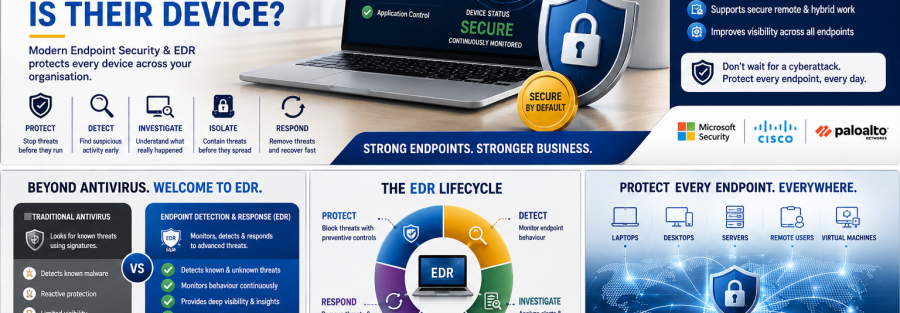 Infographic banner for JunubiaHost Tanzania promoting endpoint security and EDR, showing a laptop with a shield and sections on lifecycle and protection.