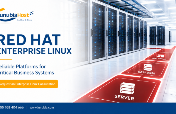 JunubiaHost ad: data-center servers on the right, with bold blue 'RED HAT ENTERPRISE LINUX' headline and orange 'Request an Enterprise Linux Consultation' button; logo and contact bar on left/bottom.