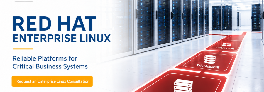 JunubiaHost ad: data-center servers on the right, with bold blue 'RED HAT ENTERPRISE LINUX' headline and orange 'Request an Enterprise Linux Consultation' button; logo and contact bar on left/bottom.