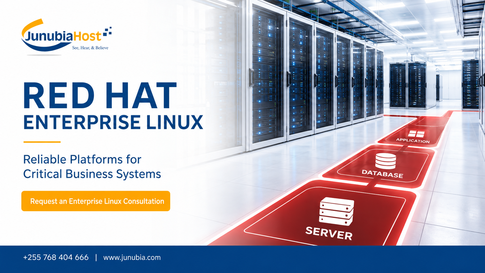 JunubiaHost ad: data-center servers on the right, with bold blue 'RED HAT ENTERPRISE LINUX' headline and orange 'Request an Enterprise Linux Consultation' button; logo and contact bar on left/bottom.
