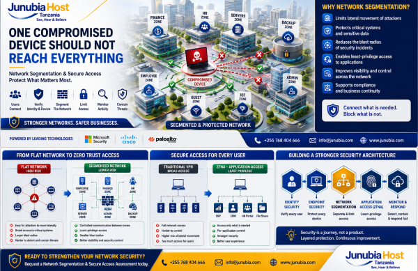 Infographic of a secured enterprise network with a central compromised device connected to multiple zones (Finance, HR, Servers, Admin, IoT, Guest) and the message 'One compromised device should not reach everything'.