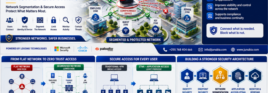 Infographic of a secured enterprise network with a central compromised device connected to multiple zones (Finance, HR, Servers, Admin, IoT, Guest) and the message 'One compromised device should not reach everything'.