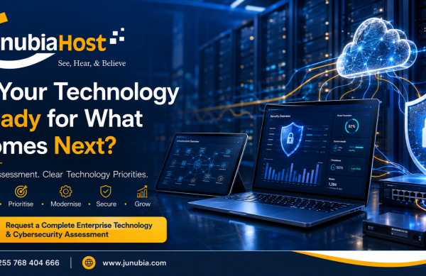 Technology Should Work Together 2 JunubiaHost banner with logo and the slogan 'Is Your Technology Ready for What Comes Next?' showing a cloud, shield, and two laptops displaying dashboards for enterprise tech and cybersecurity.