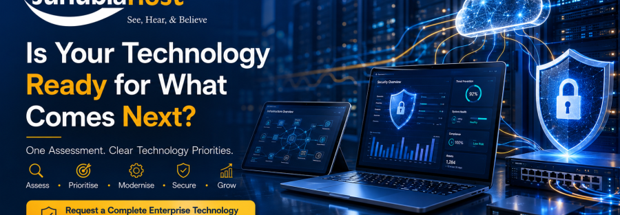 JunubiaHost banner with logo and the slogan 'Is Your Technology Ready for What Comes Next?' showing a cloud, shield, and two laptops displaying dashboards for enterprise tech and cybersecurity.