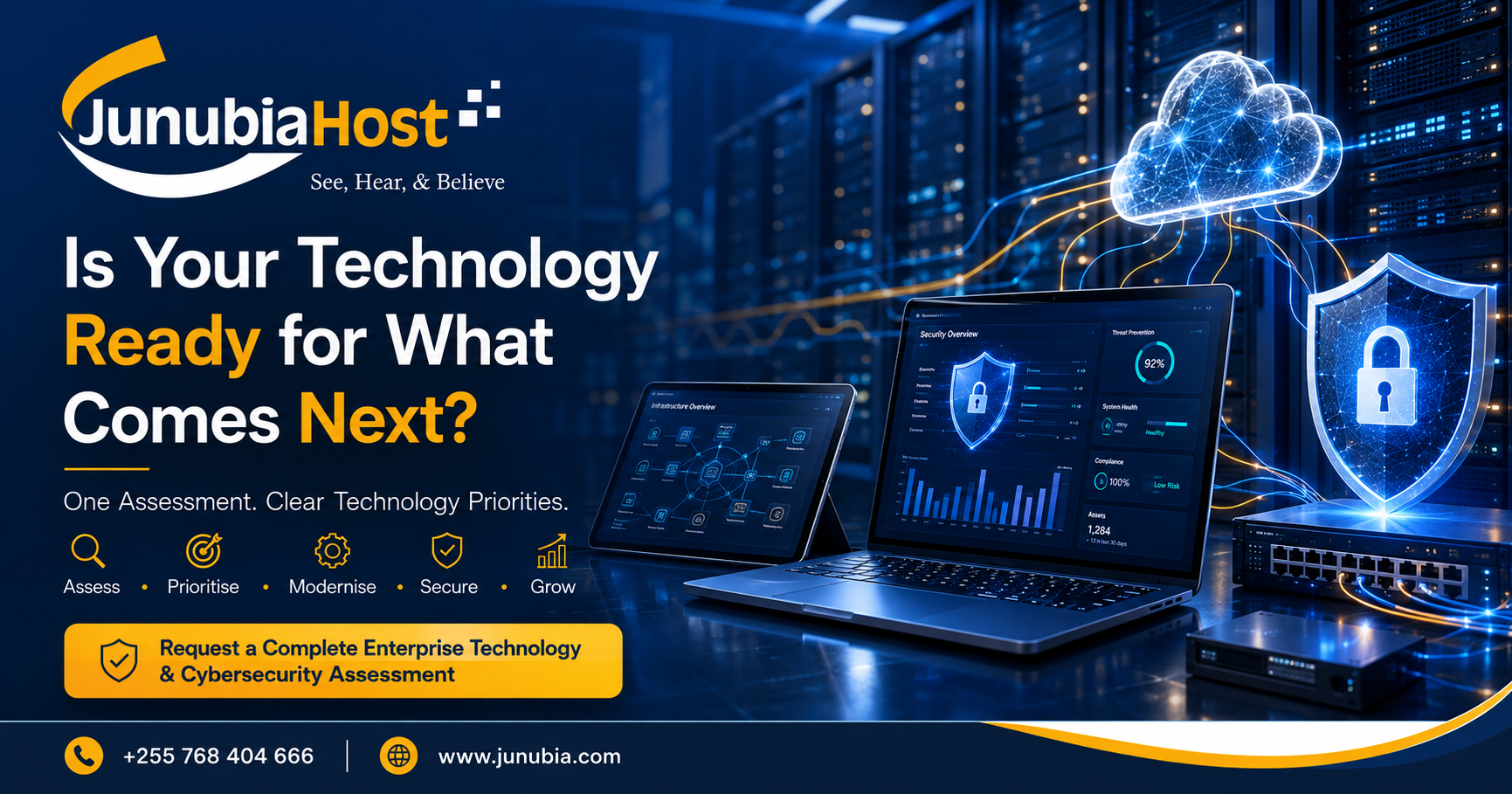JunubiaHost banner with logo and the slogan 'Is Your Technology Ready for What Comes Next?' showing a cloud, shield, and two laptops displaying dashboards for enterprise tech and cybersecurity.